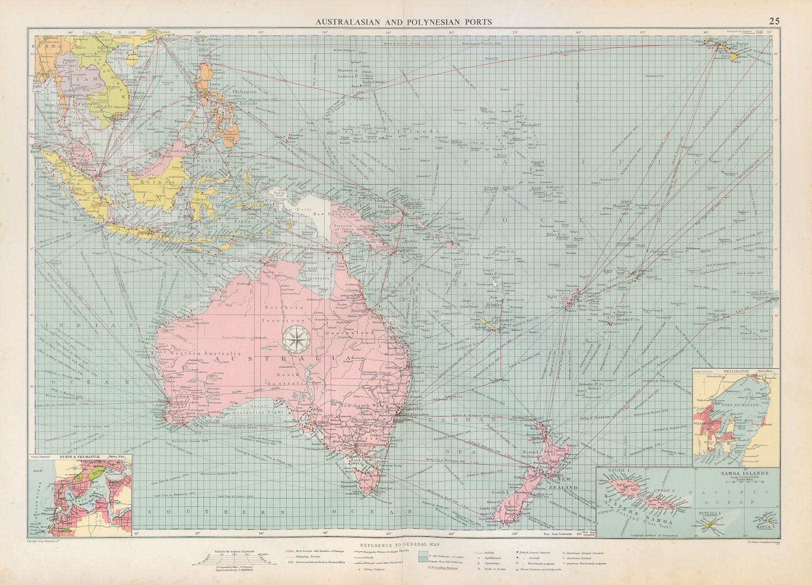 Australasian Polynesian Ports sea chart. lighthouses mail routes LARGE 1952 map